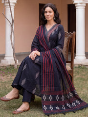 Black Printed Straight Kurta Trousers With Dupatta Set