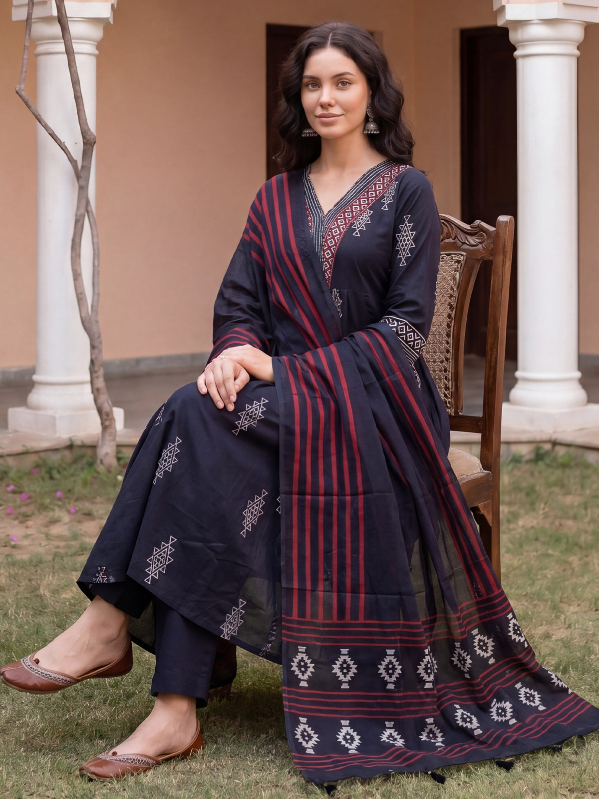 Black Printed Straight Kurta Trousers With Dupatta Set