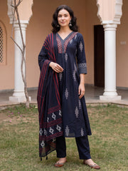 Black Printed Straight Kurta Trousers With Dupatta Set