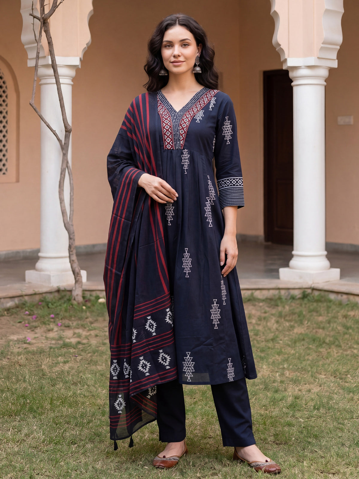 Black Printed Straight Kurta Trousers With Dupatta Set