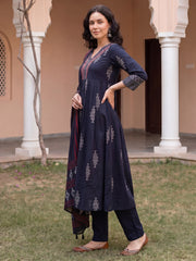 Black Printed Straight Kurta Trousers With Dupatta Set