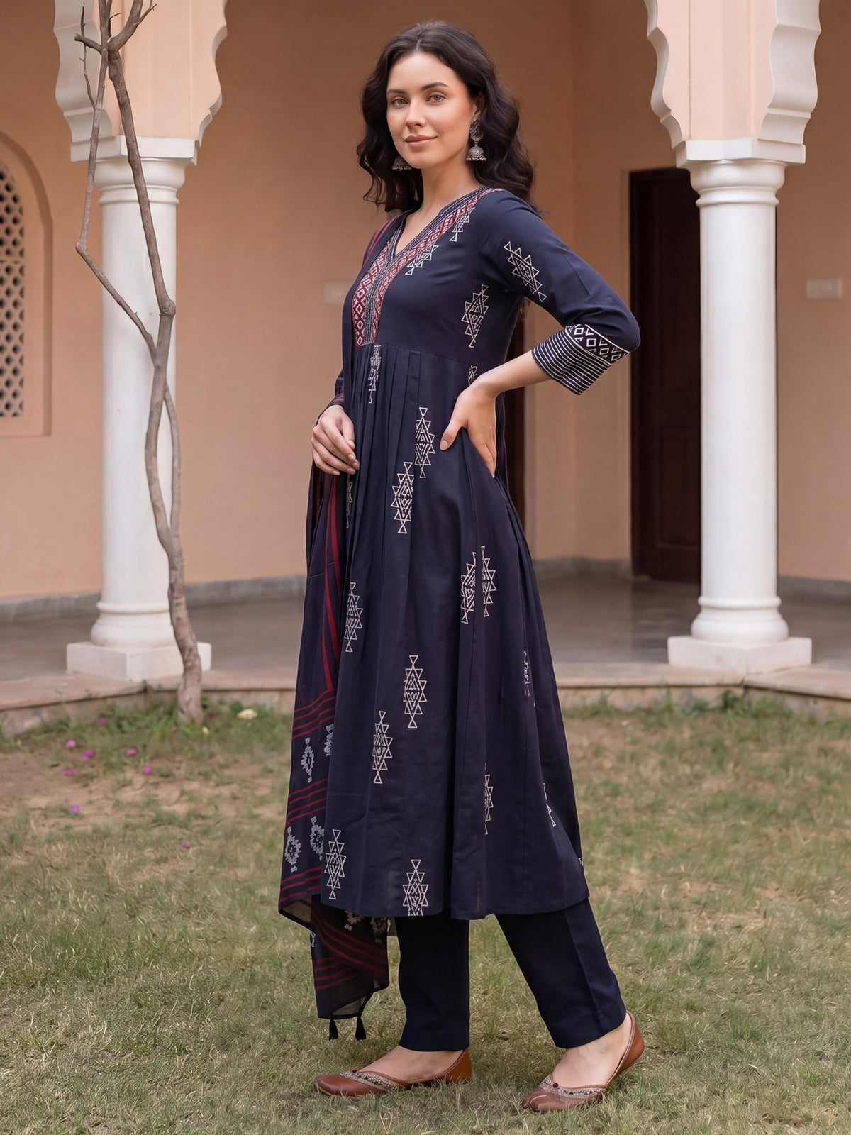 Black Printed Straight Kurta Trousers With Dupatta Set
