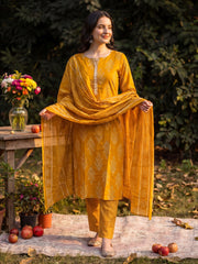 Mustard Printed Straight Kurta Trousers With Dupatta Set