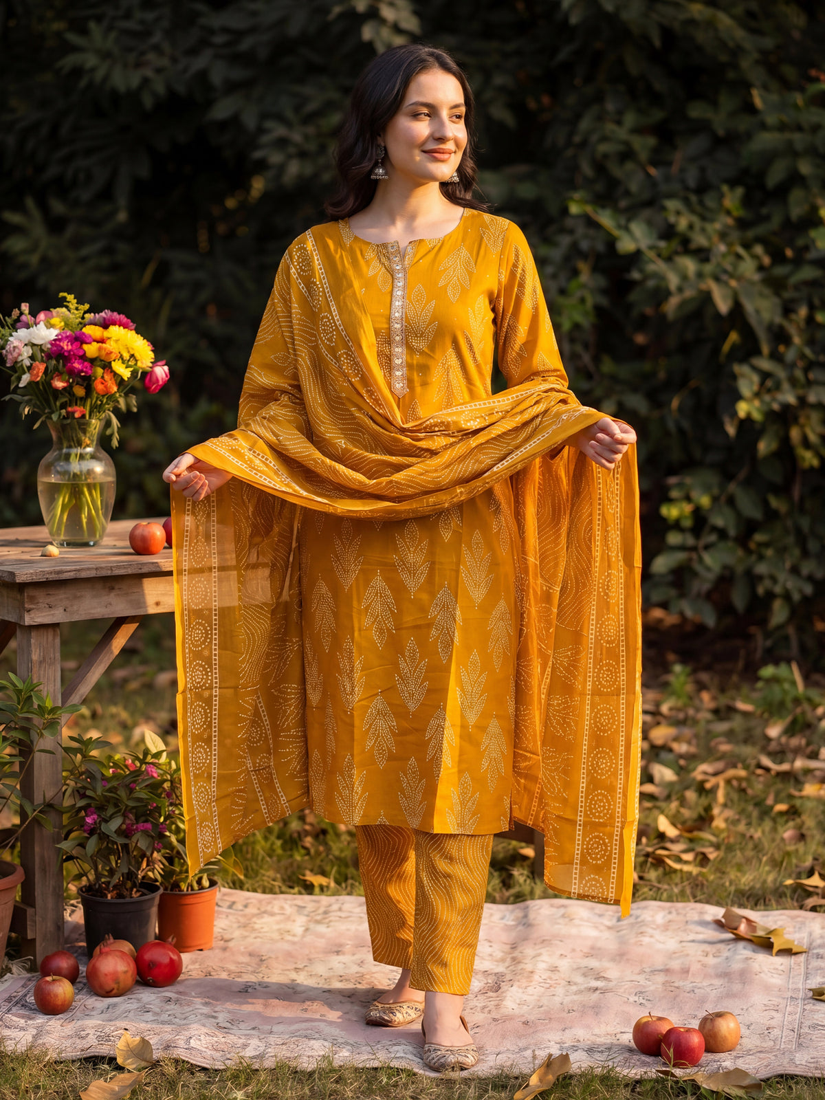 Mustard Printed Straight Kurta Trousers With Dupatta Set