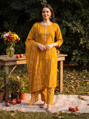 Mustard Printed Straight Kurta Trousers With Dupatta Set