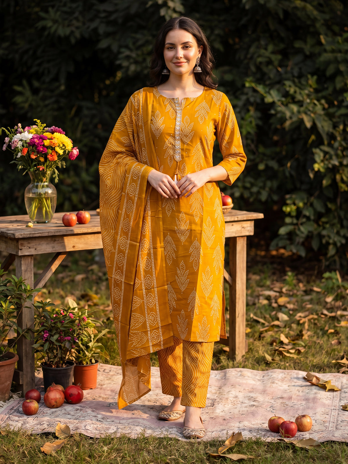 Mustard Printed Straight Kurta Trousers With Dupatta Set