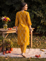 Mustard Printed Straight Kurta Trousers With Dupatta Set