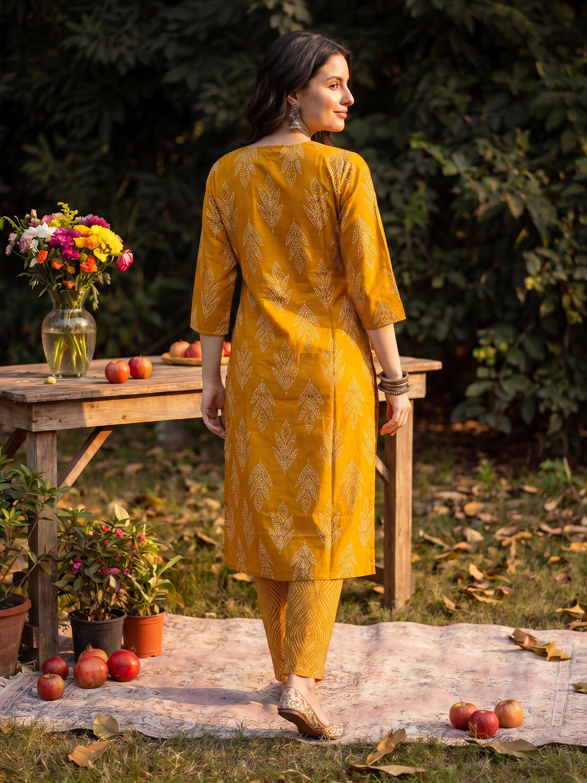 Mustard Printed Straight Kurta Trousers With Dupatta Set