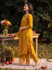 Mustard Printed Straight Kurta Trousers With Dupatta Set