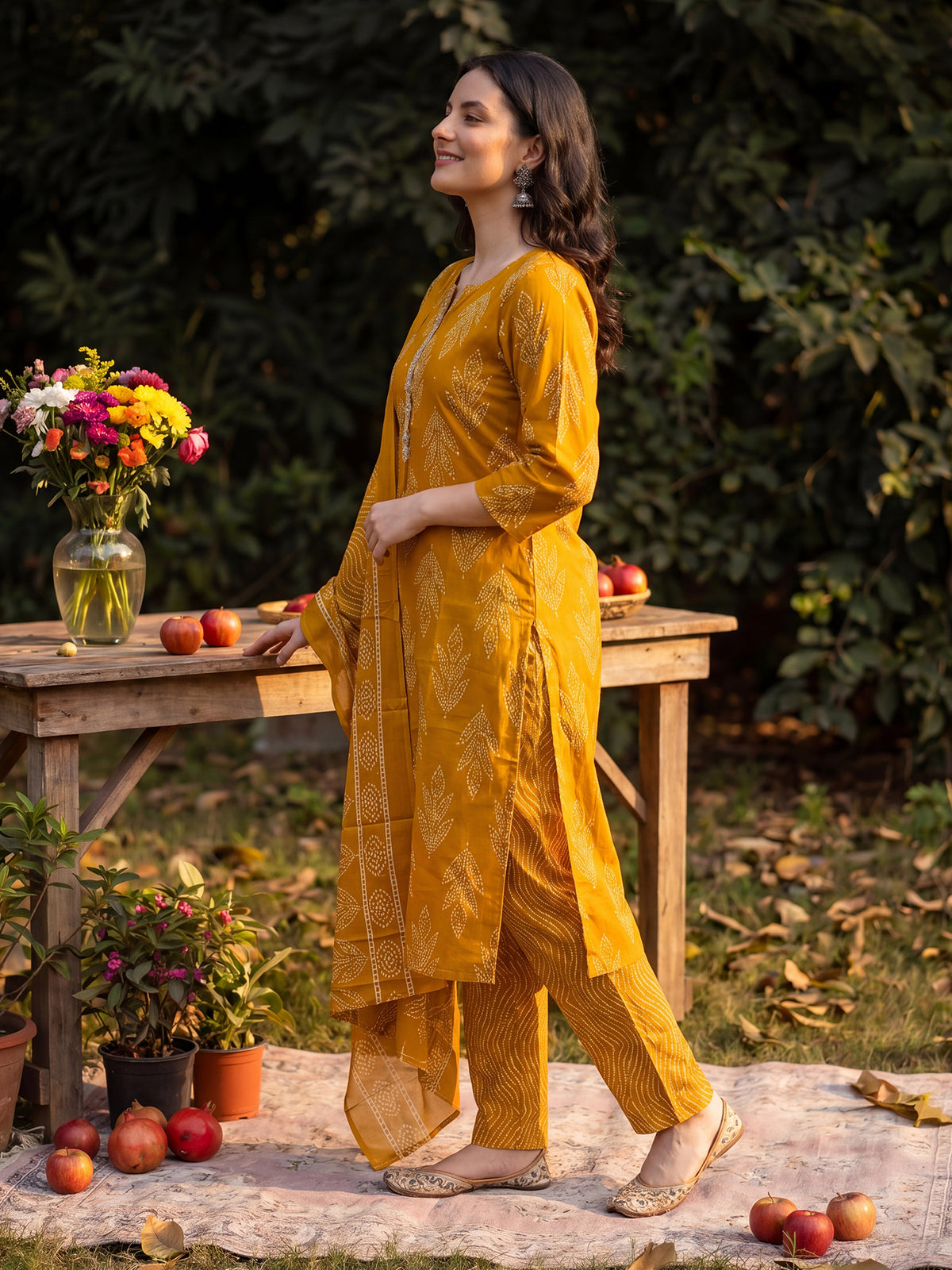 Mustard Printed Straight Kurta Trousers With Dupatta Set