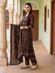 Black Printed A-Line Kurta Trousers With Dupatta Set
