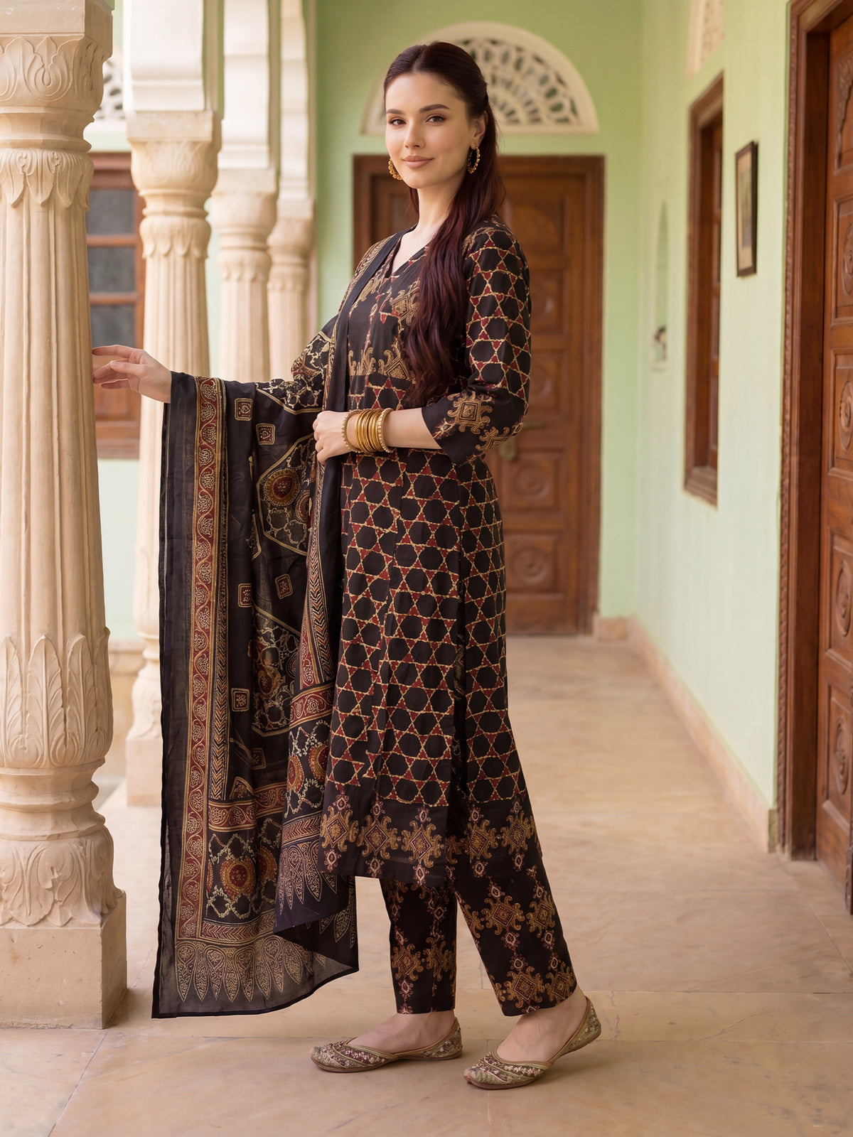 Black Printed A-Line Kurta Trousers With Dupatta Set