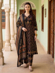 Black Printed A-Line Kurta Trousers With Dupatta Set