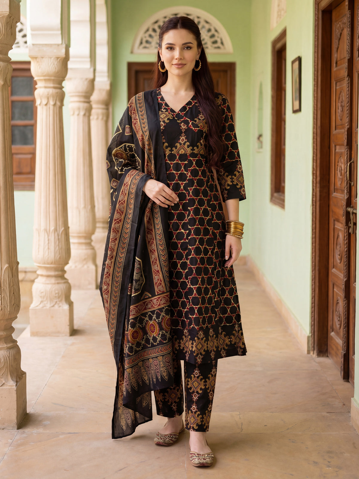 Black Printed A-Line Kurta Trousers With Dupatta Set