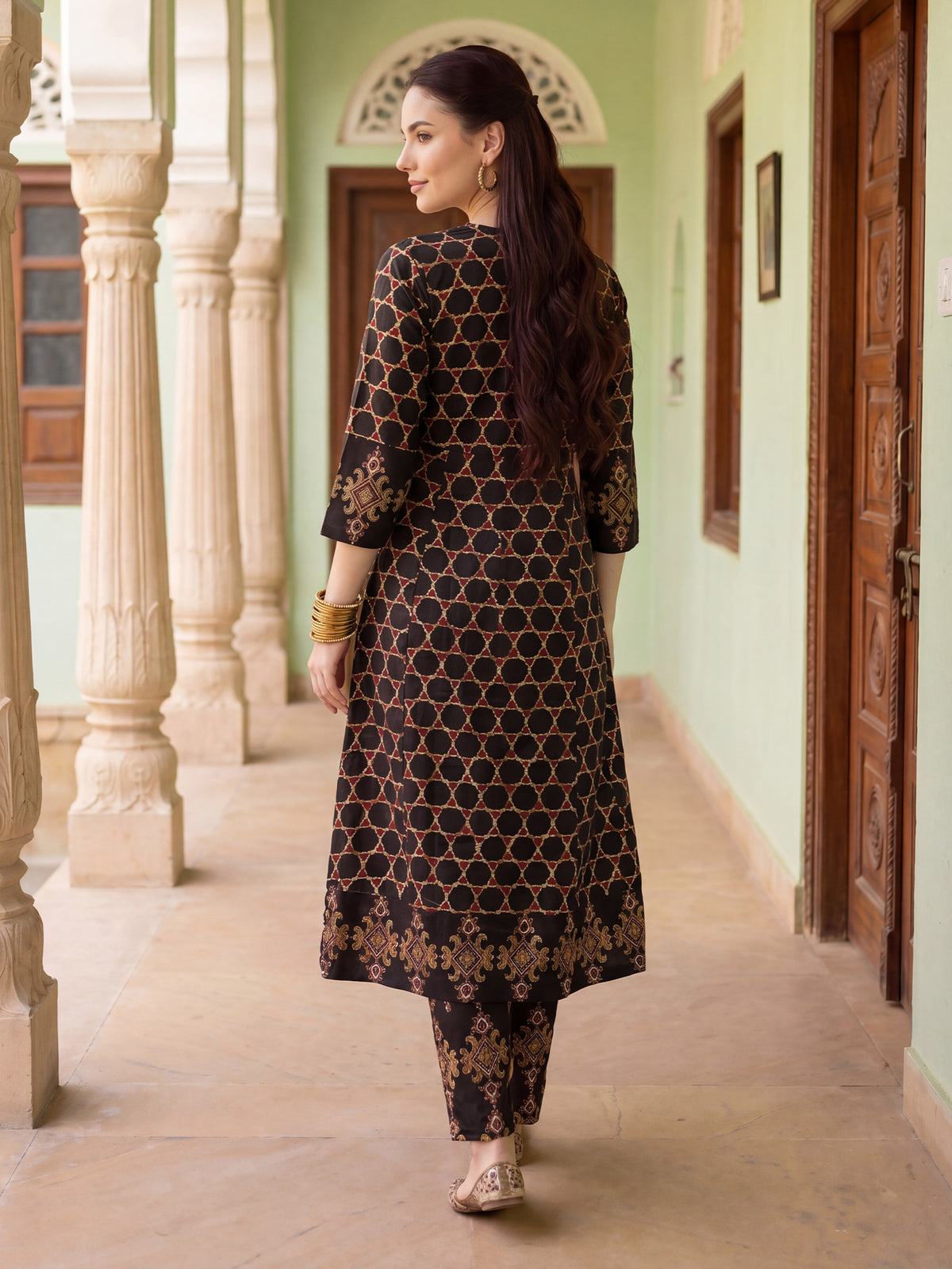 Black Printed A-Line Kurta Trousers With Dupatta Set