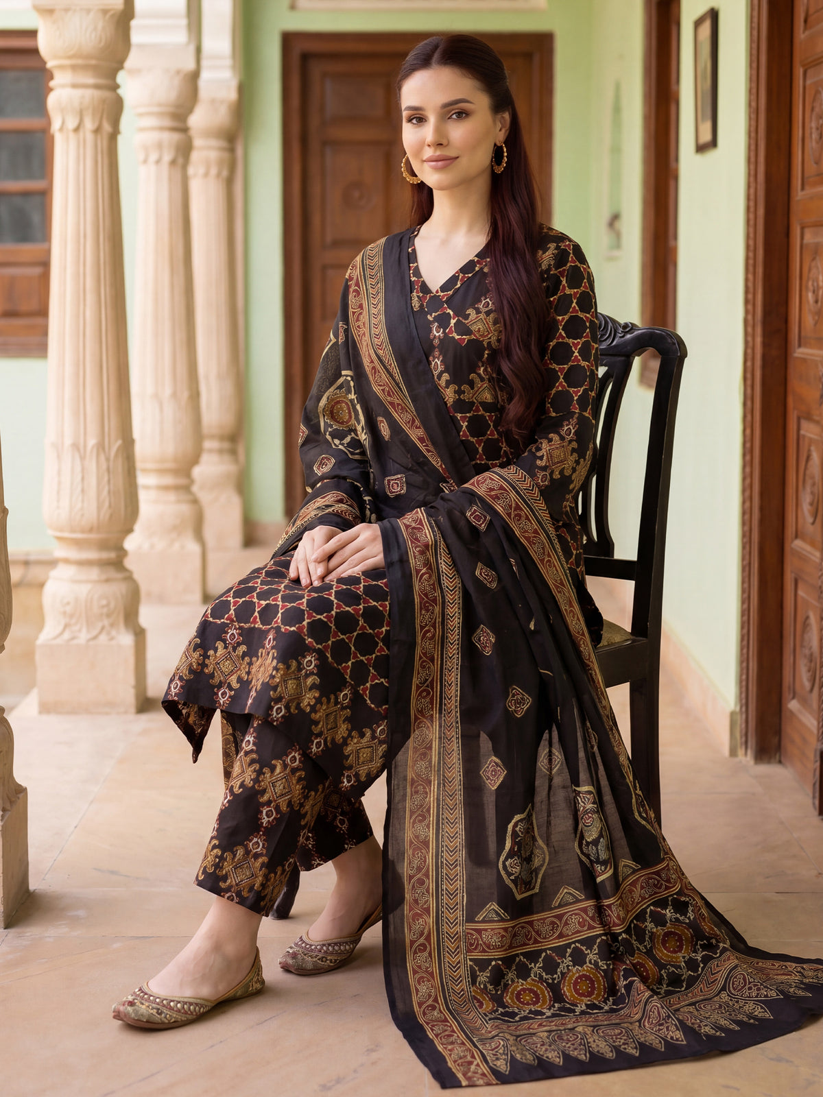 Black Printed A-Line Kurta Trousers With Dupatta Set