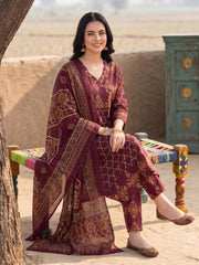 Burgundy Printed A-Line Kurta Trousers With Dupatta Set
