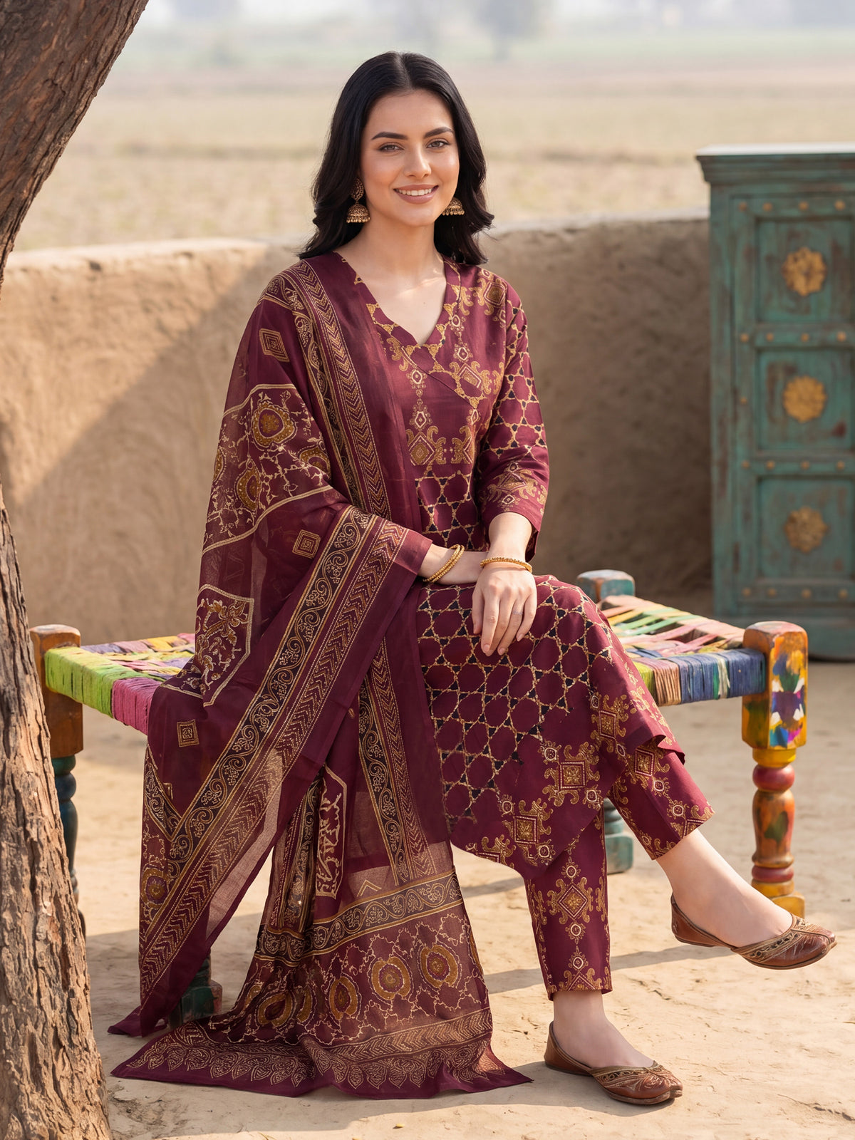 Burgundy Printed A-Line Kurta Trousers With Dupatta Set