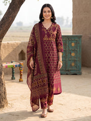Burgundy Printed A-Line Kurta Trousers With Dupatta Set