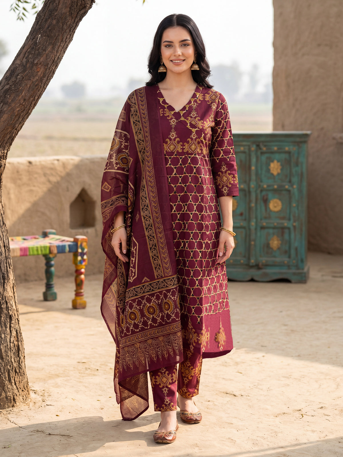 Burgundy Printed A-Line Kurta Trousers With Dupatta Set