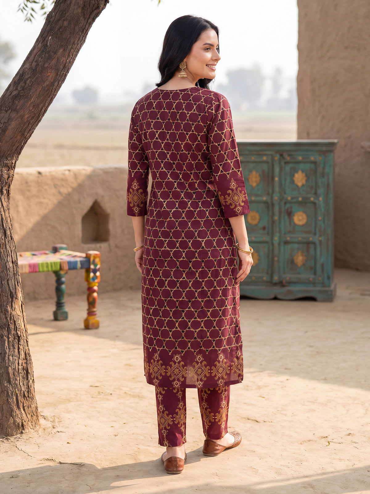 Burgundy Printed A-Line Kurta Trousers With Dupatta Set