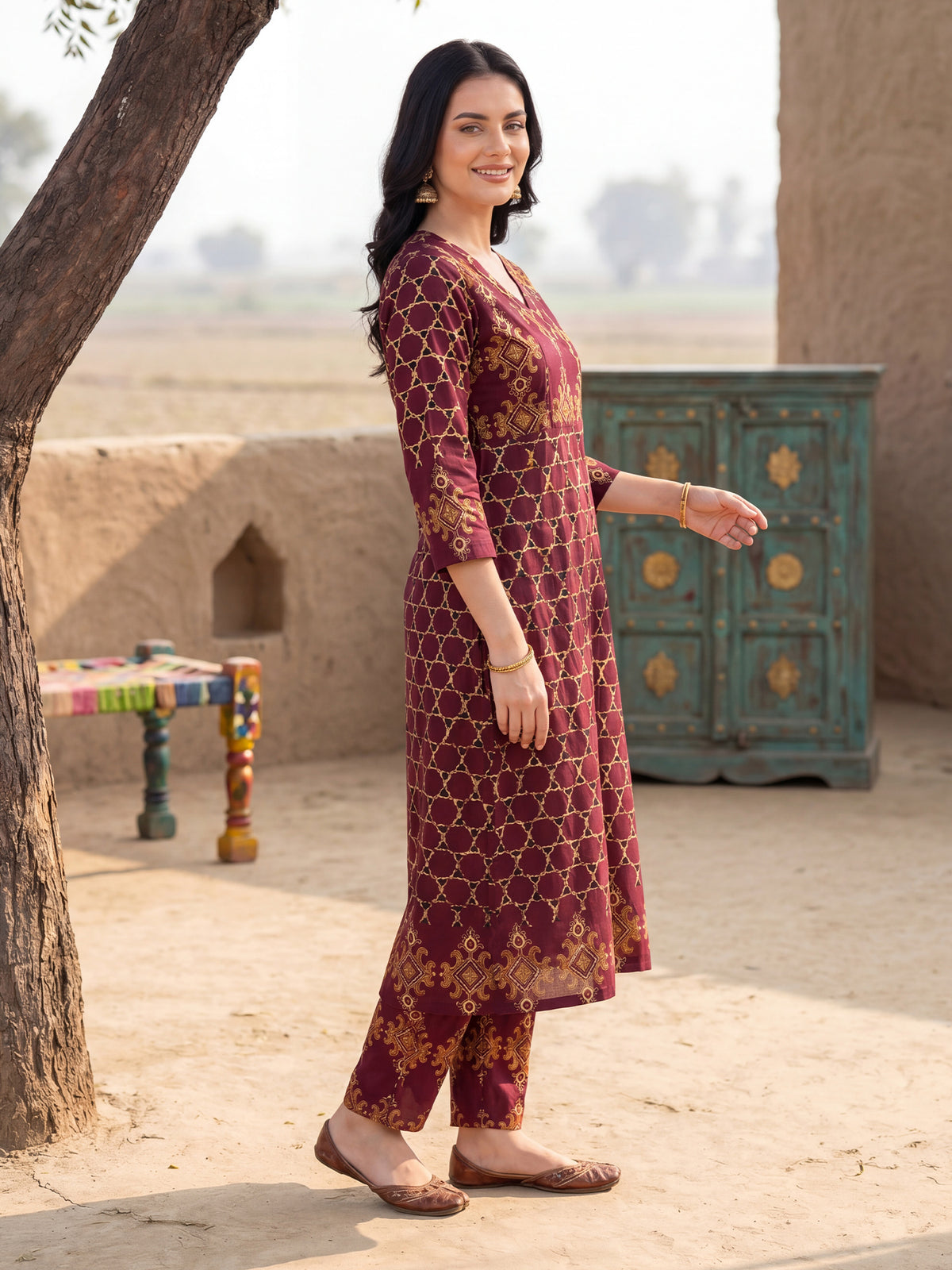 Burgundy Printed A-Line Kurta Trousers With Dupatta Set
