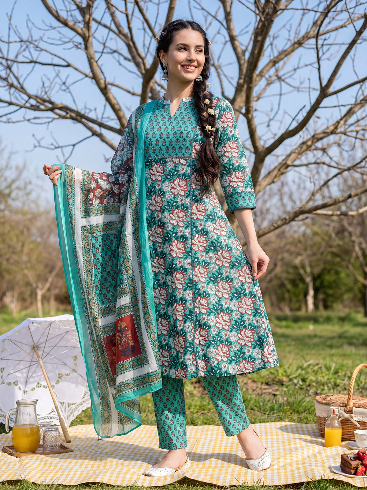 Green Printed A-Line Kurta Trousers With Dupatta Set