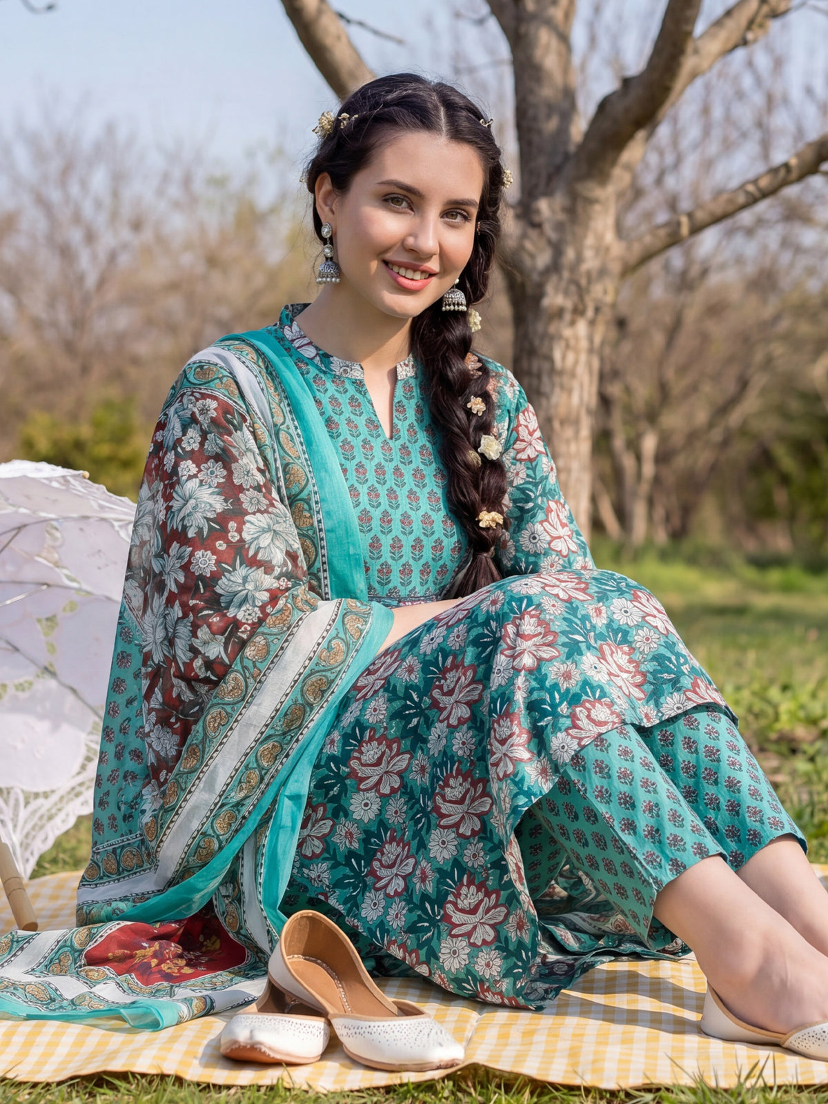 Green Printed A-Line Kurta Trousers With Dupatta Set