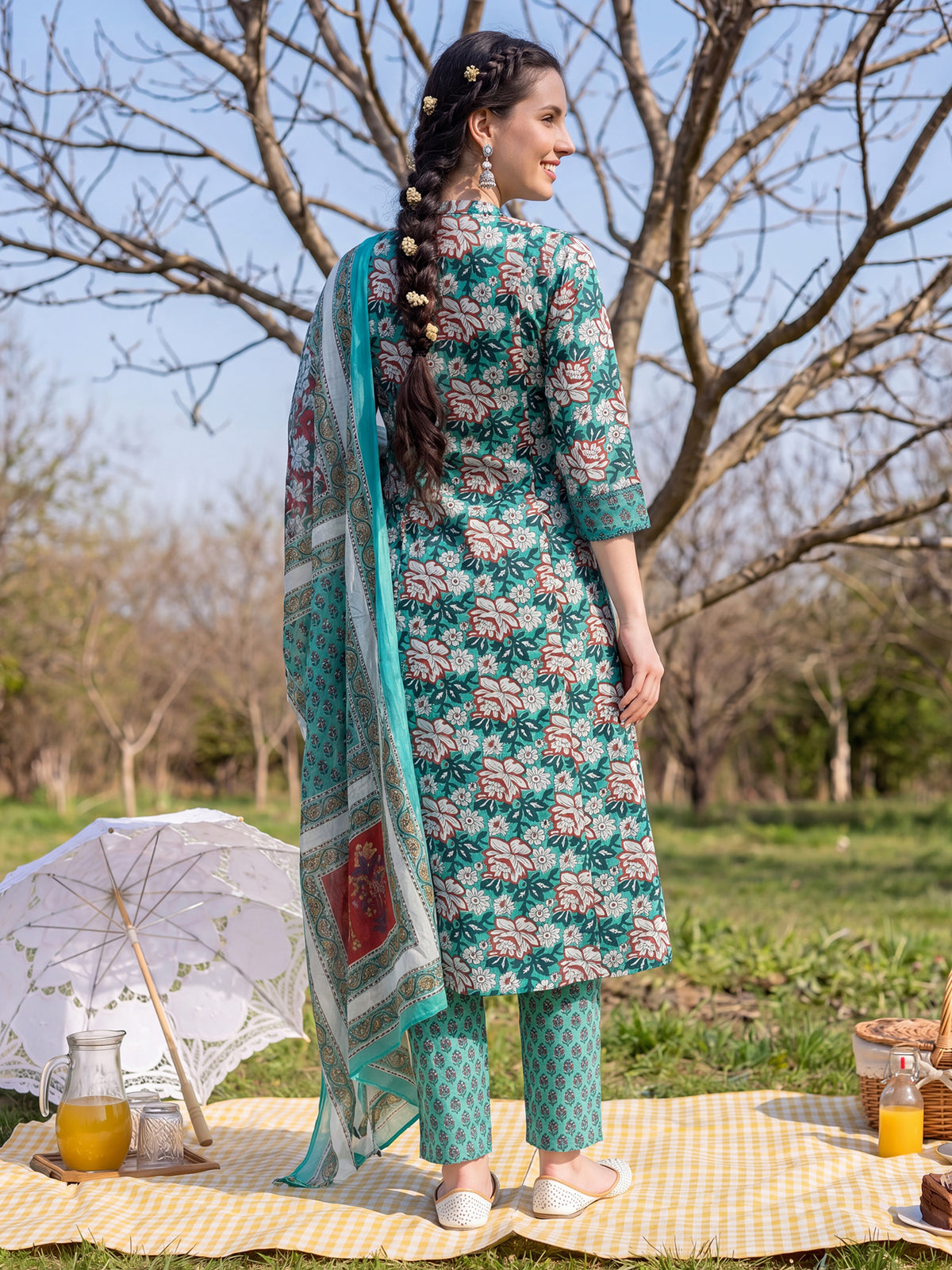 Green Printed A-Line Kurta Trousers With Dupatta Set