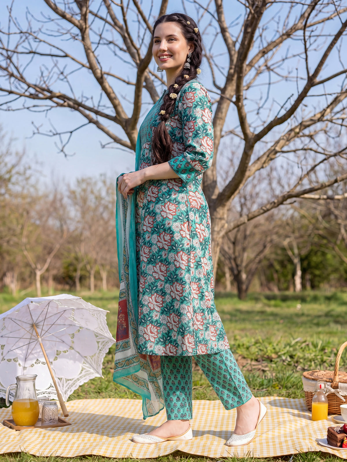 Green Printed A-Line Kurta Trousers With Dupatta Set