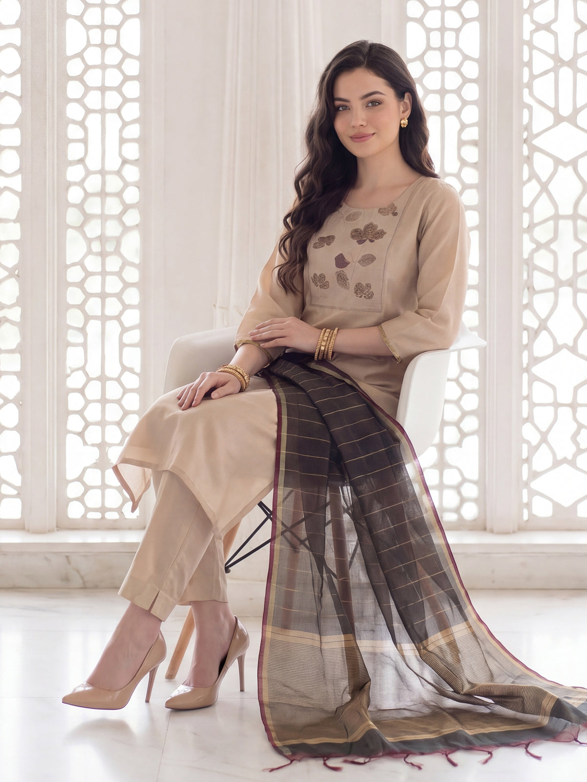 Off White Embroidered Straight Kurta Trousers With Dupatta Set