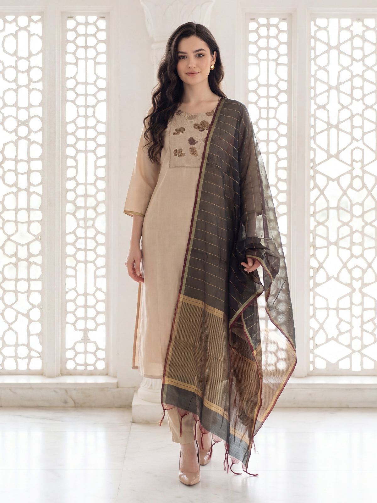 Off White Embroidered Straight Kurta Trousers With Dupatta Set
