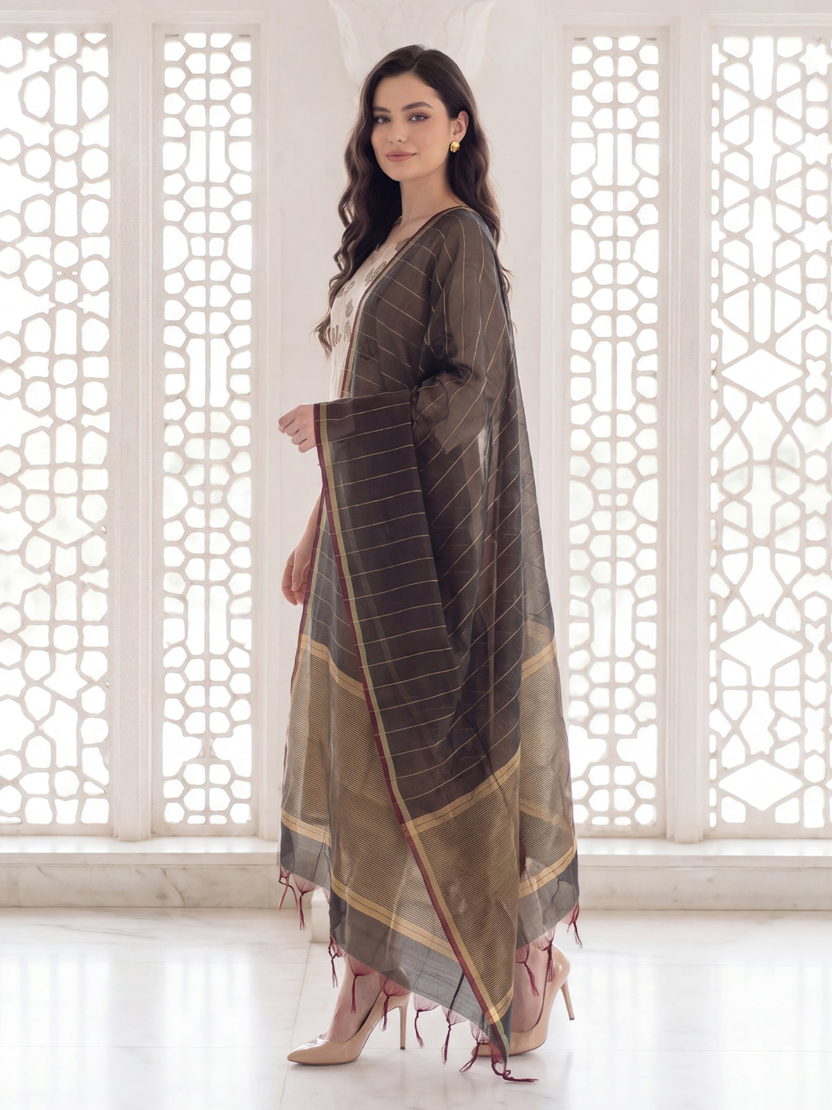 Off White Embroidered Straight Kurta Trousers With Dupatta Set