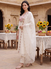 White Embroidered Straight Kurta Trousers With Dupatta Set