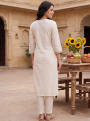 White Embroidered Straight Kurta Trousers With Dupatta Set