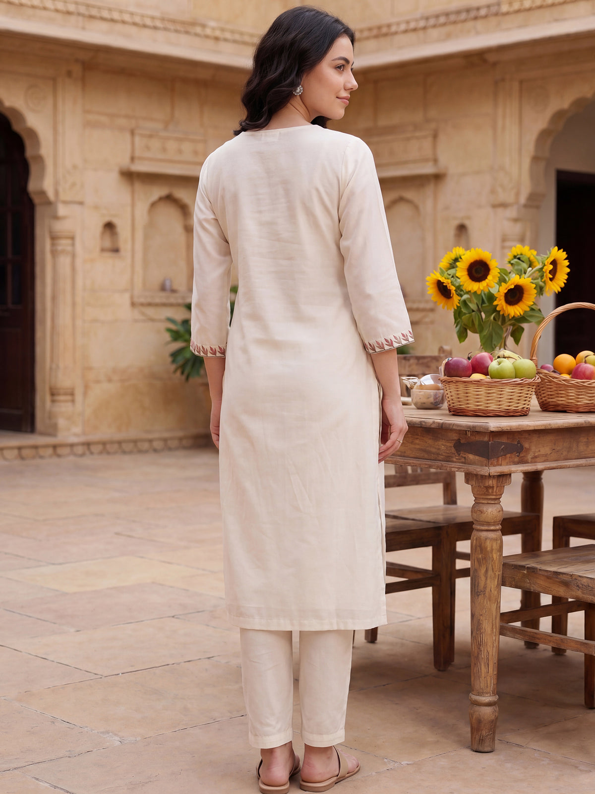 White Embroidered Straight Kurta Trousers With Dupatta Set