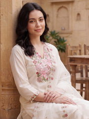 White Embroidered Straight Kurta Trousers With Dupatta Set