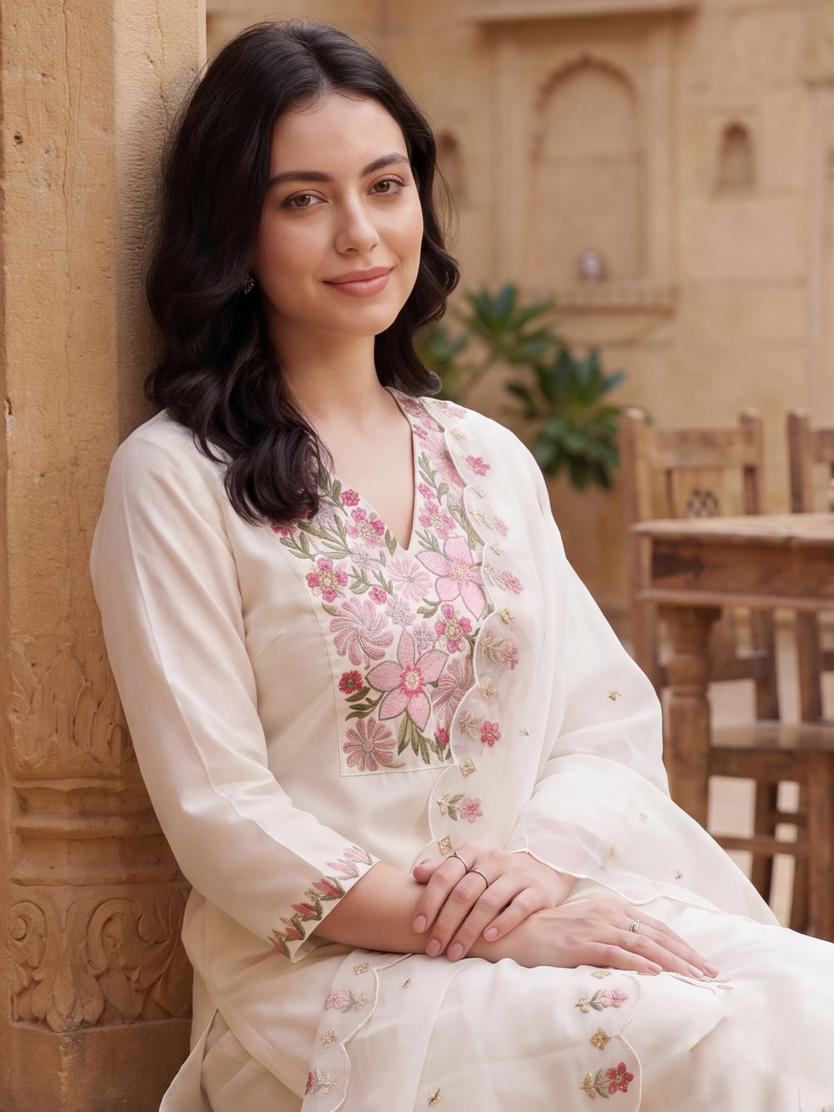White Embroidered Straight Kurta Trousers With Dupatta Set