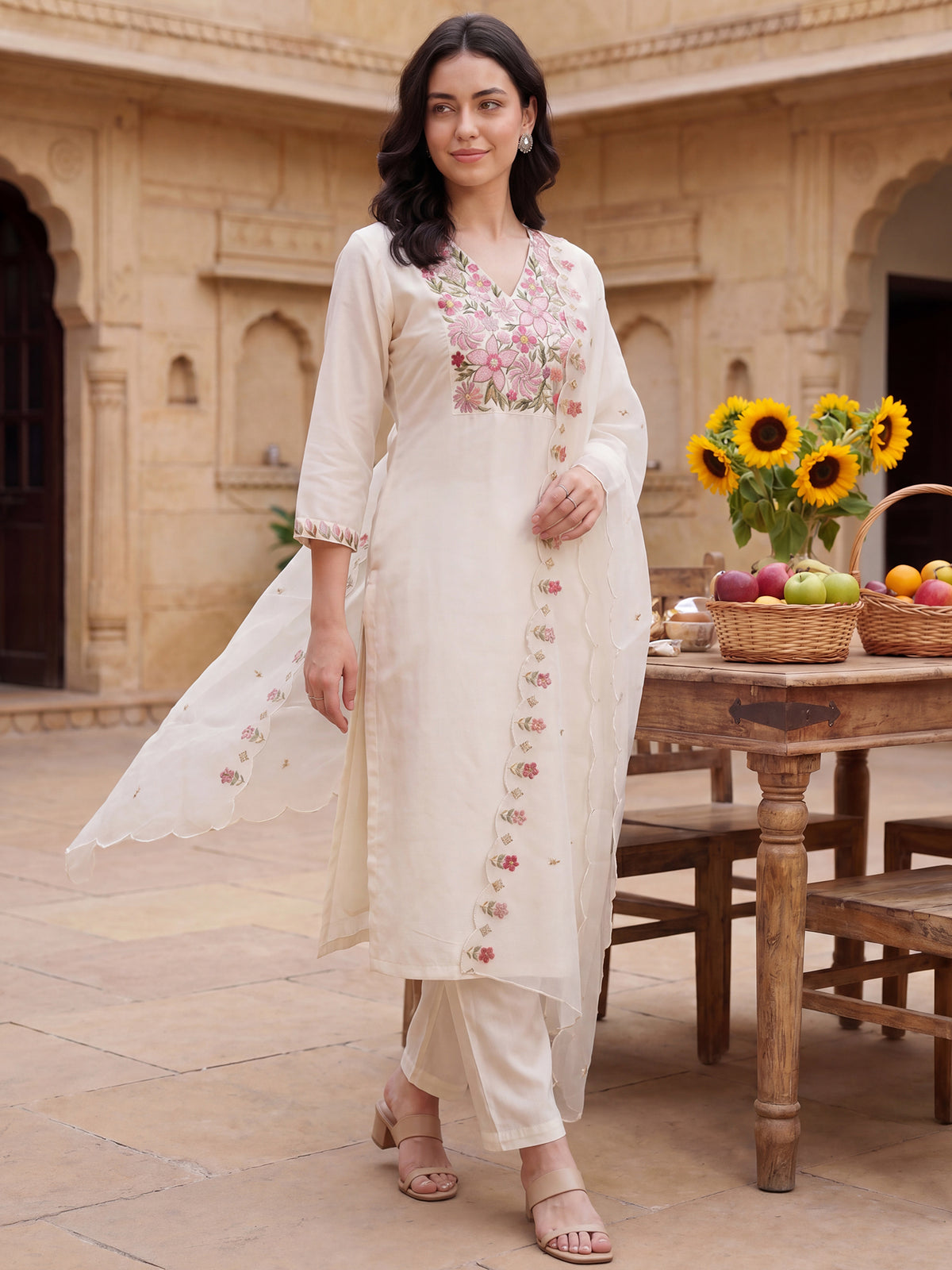 White Embroidered Straight Kurta Trousers With Dupatta Set