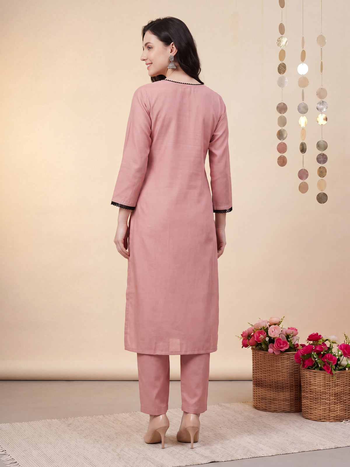 Peach Embroidered Straight Kurta Trousers With Dupatta Set