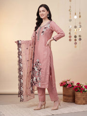 Peach Embroidered Straight Kurta Trousers With Dupatta Set