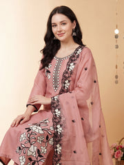 Peach Embroidered Straight Kurta Trousers With Dupatta Set