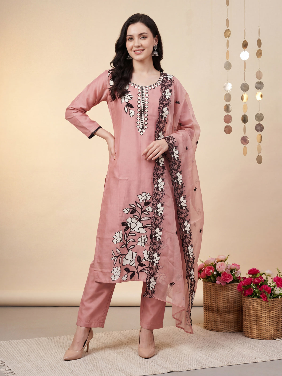 Peach Embroidered Straight Kurta Trousers With Dupatta Set