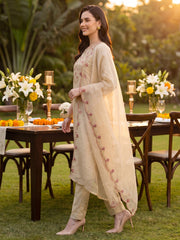 Off White Embroidered Straight Kurta Trousers With Dupatta Set