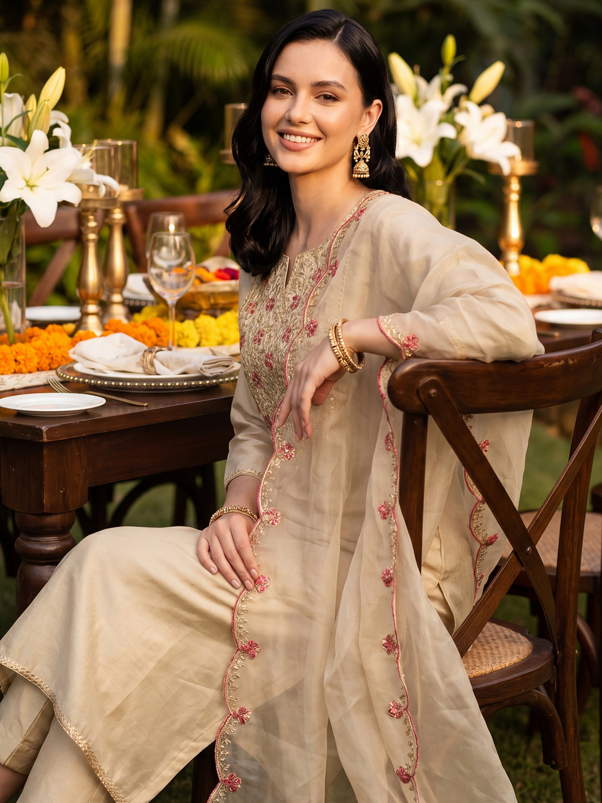Off White Embroidered Straight Kurta Trousers With Dupatta Set