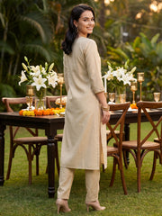Off White Embroidered Straight Kurta Trousers With Dupatta Set