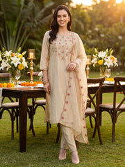Off White Embroidered Straight Kurta Trousers With Dupatta Set