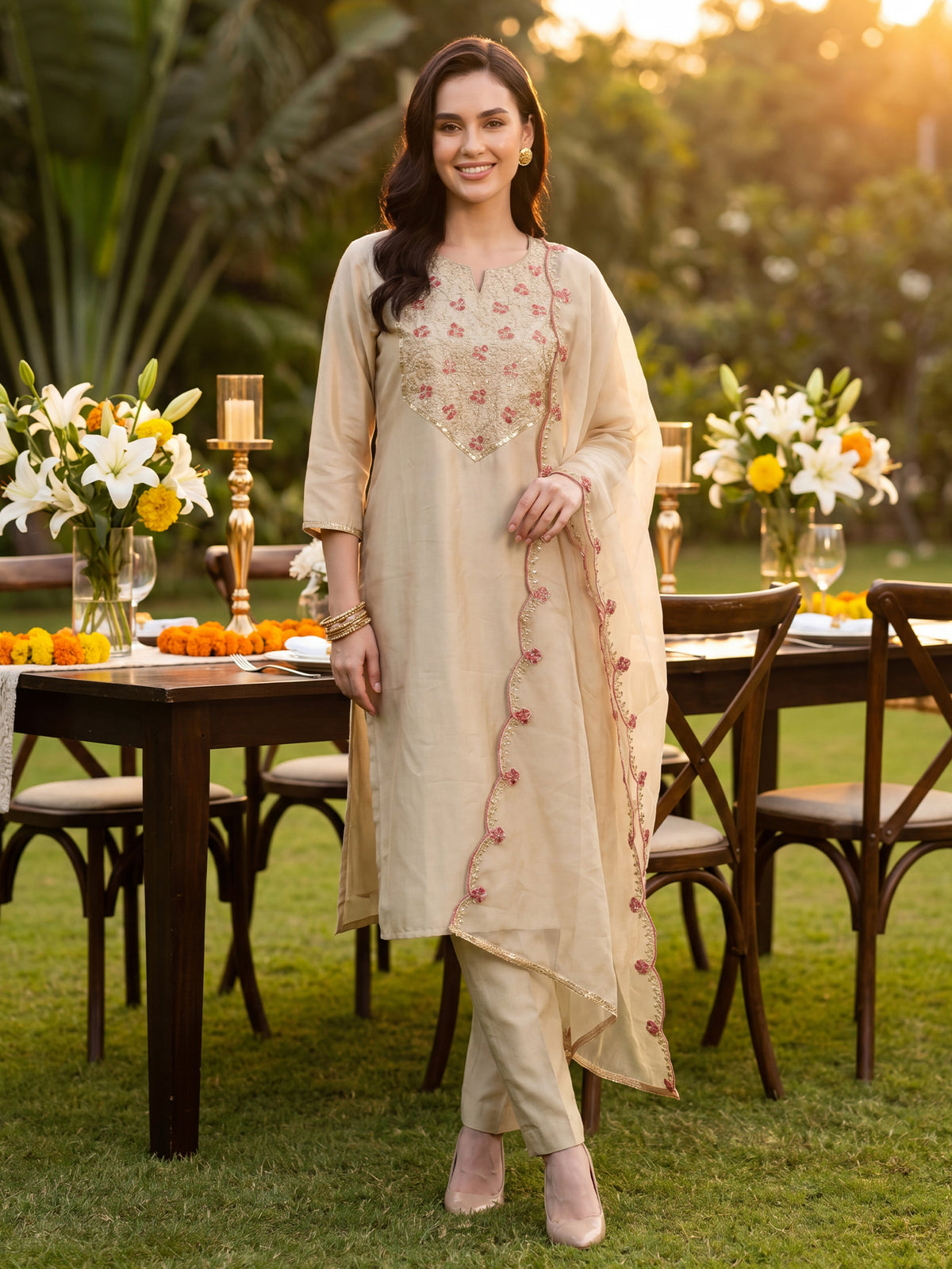 Off White Embroidered Straight Kurta Trousers With Dupatta Set