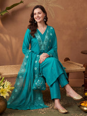 Green Embroidered Straight Kurta Trousers With Dupatta Set