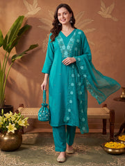 Green Embroidered Straight Kurta Trousers With Dupatta Set